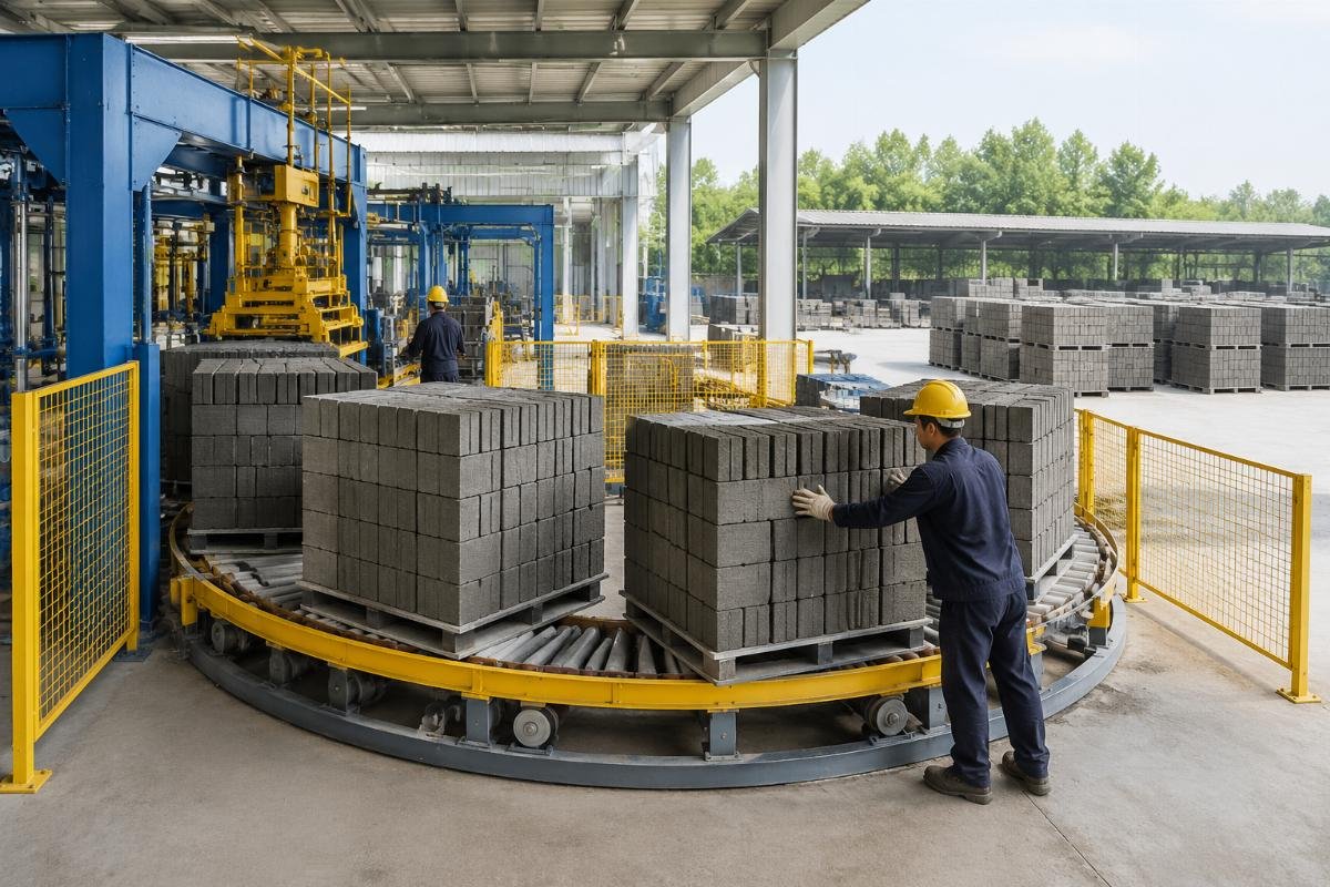 Block curing area with pallet rotation system Curing yard layout planning