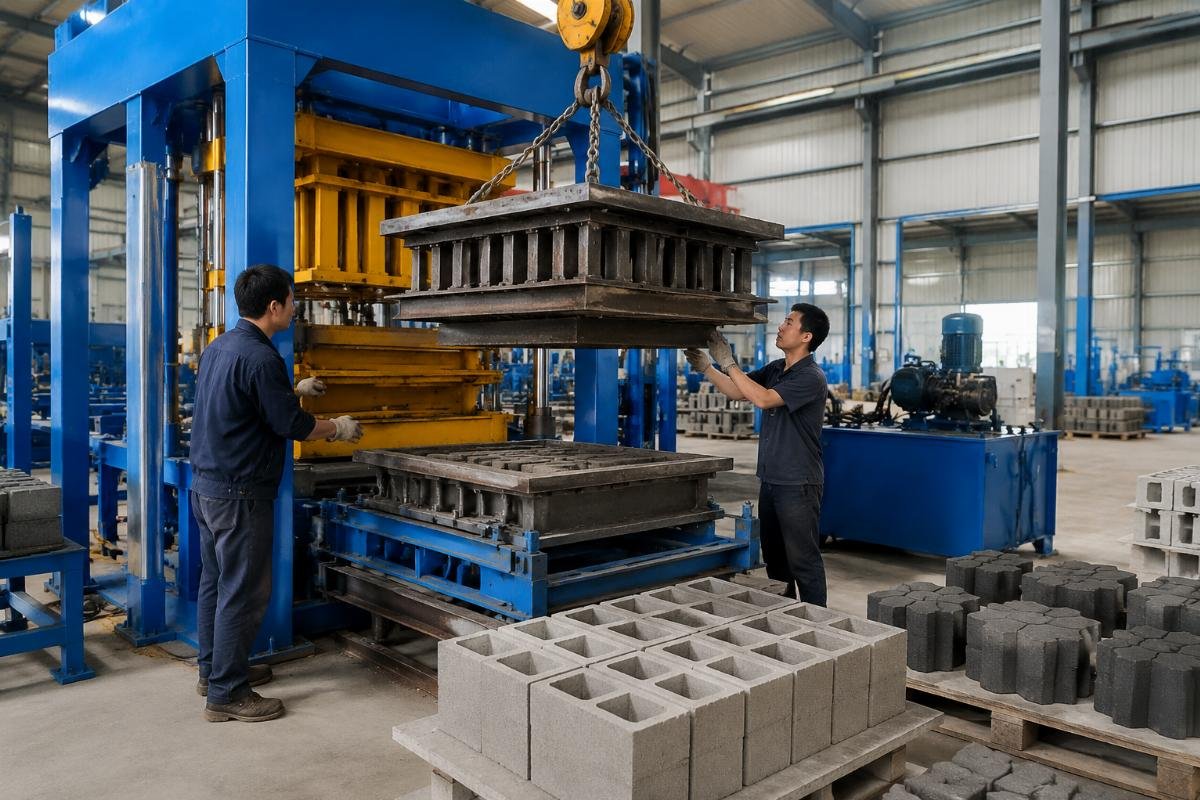 Hollow solid paver block machine mold change Mold interchange process demonstration