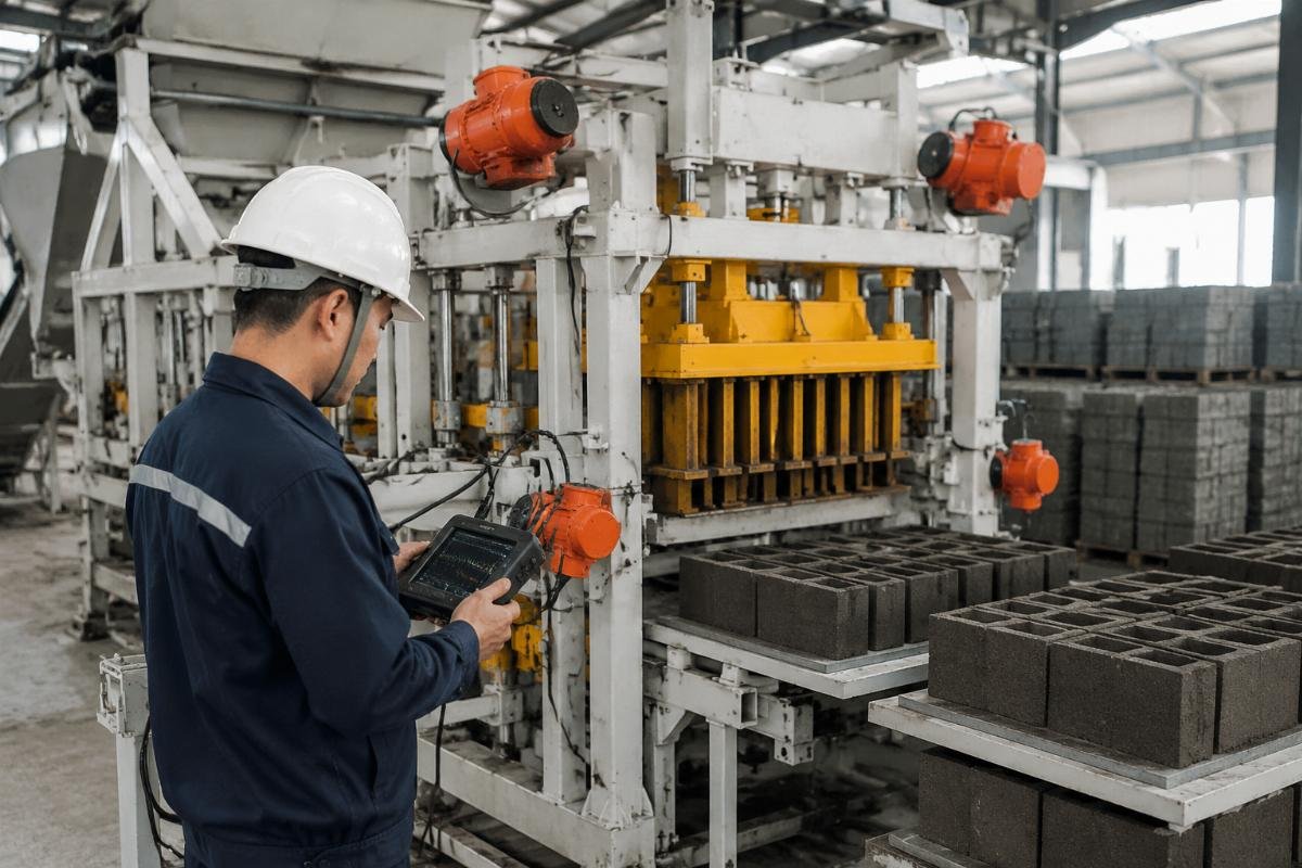 Engineer using a portable vibration analyzer on a 4-motor block machine production line