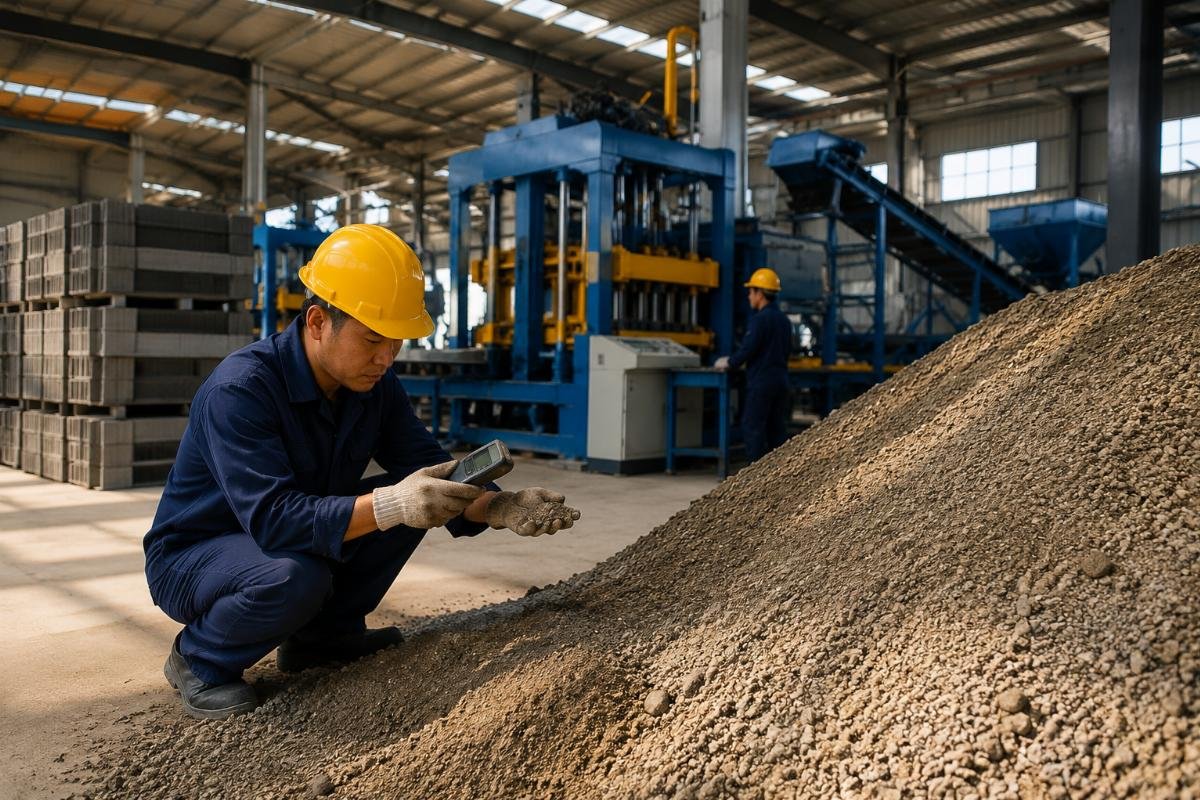 aggregate moisture content hydraulic pressure adjustment block machine Moisture content measurement being taken on aggregate stockpile at a block production facility