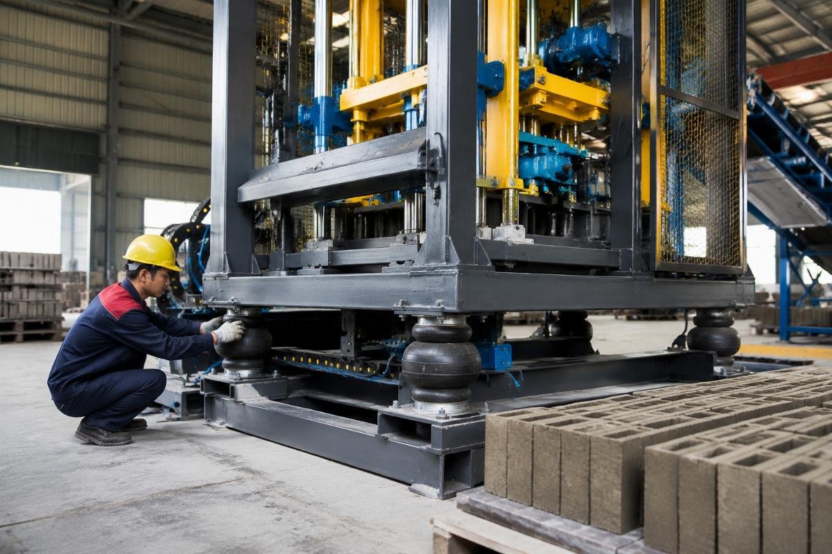 Airbag suspension system on a block machine frame showing vibration isolation components