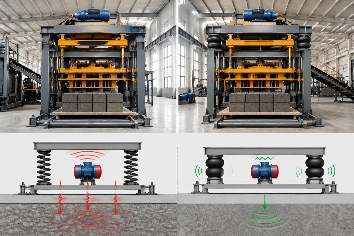 Comparison diagram of spring versus airbag suspension systems showing vibration force transmission paths