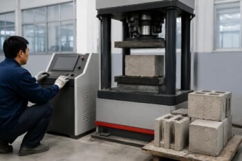 Concrete blocks undergoing compressive strength testing on a calibrated hydraulic press machine