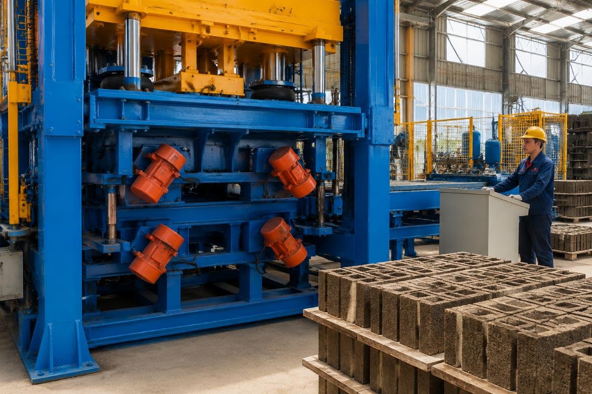 Four synchronized vibration motors with airbag pneumatic cylinders directing force into mold cavity
