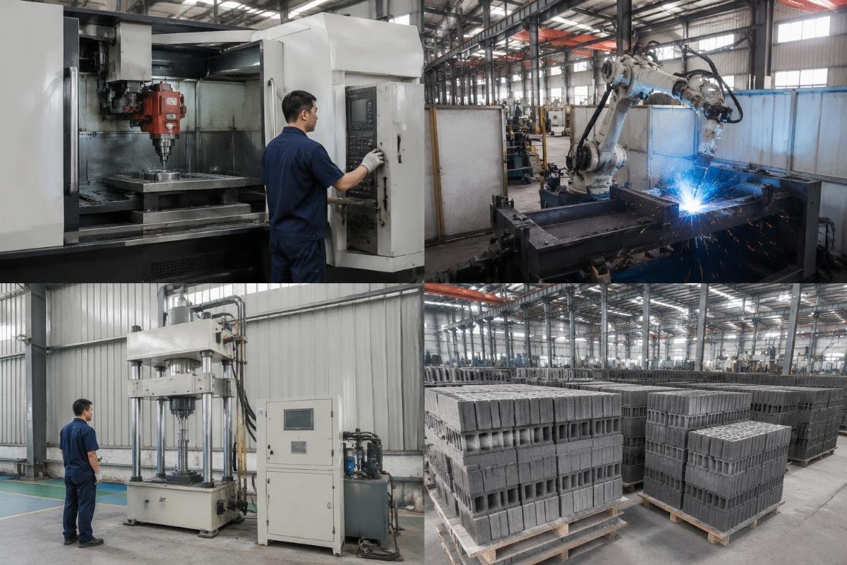 block machine manufacturer factory capability Factory workshop with CNC machining, robotic welding, and testing equipment
