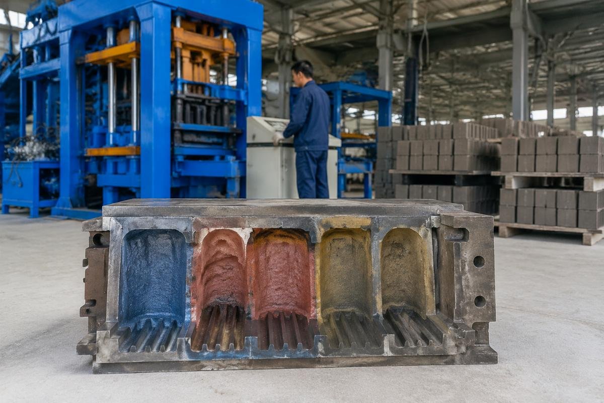 Block machine mould cross-section showing wear patterns and heat treatment zones