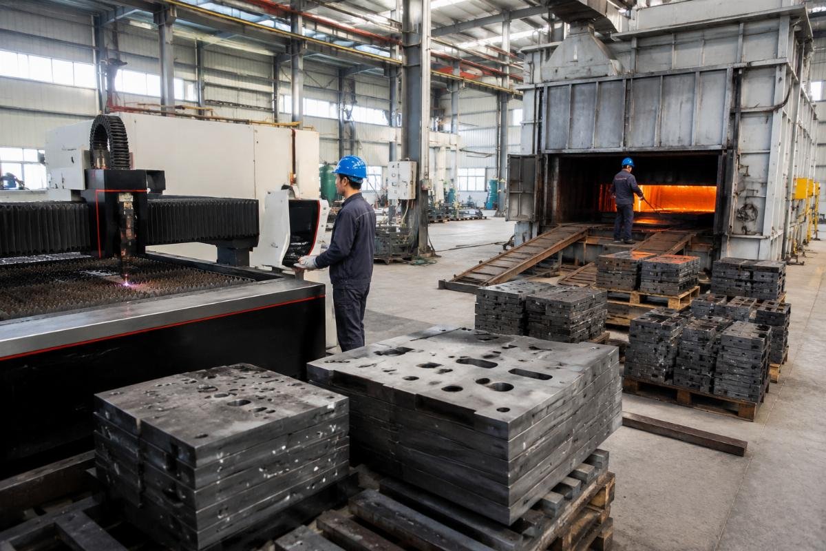 Factory workshop showing laser cutting and heat treatment furnaces for block machine moulds