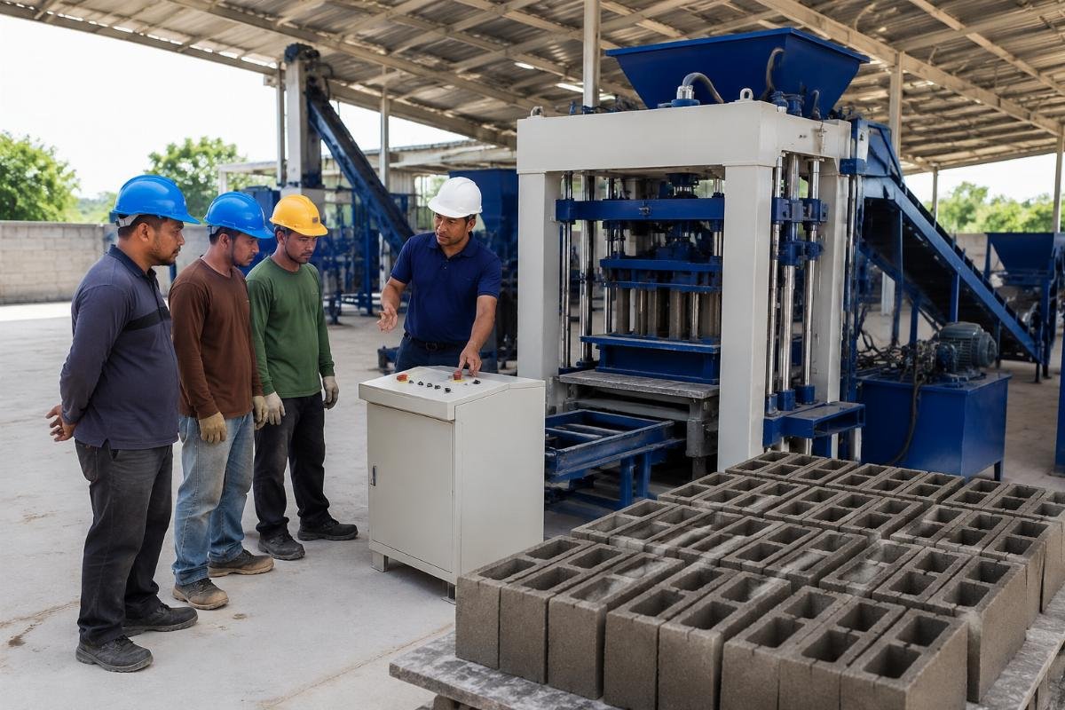 block machine safety training during on-site commissioning for semi-automatic equipment Commissioning engineer demonstrating emergency stop procedures to operators beside a QTJ4-26 semi-automatic block machine