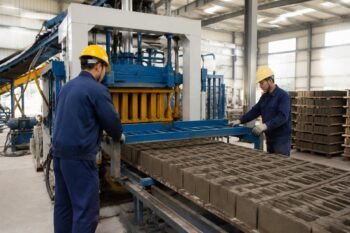 Workers wearing hard hats and gloves operating a concrete block making machine on a production line
