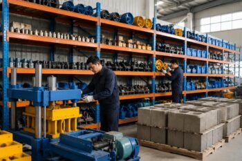 Concrete block machine spare parts organized on warehouse shelves by category