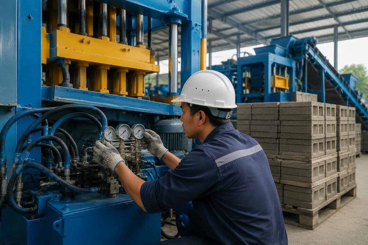 block machine supplier hydraulic pressure customization on-site commissioning Engineer calibrating hydraulic pressure settings on a block making machine during on-site commissioning