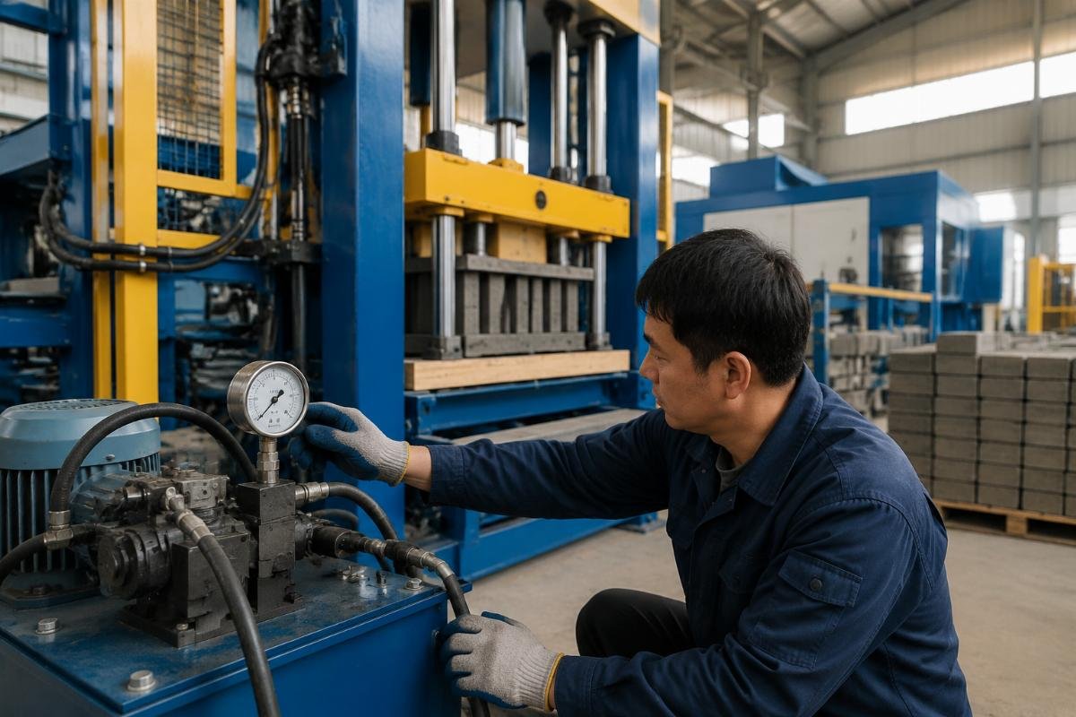 block machine troubleshooting hydraulic pressure calibration Hydraulic pressure gauge showing stable 16-18 MPa reading