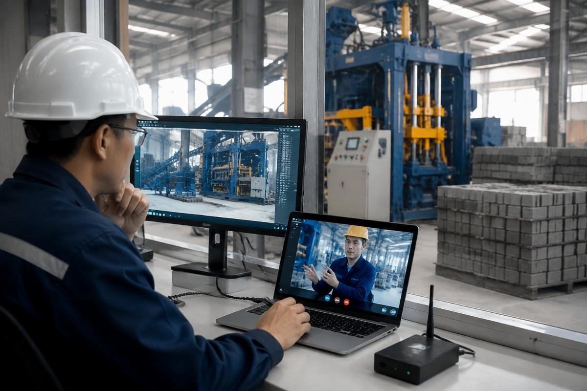 block machine troubleshooting remote diagnostics support Engineer performing remote video diagnostics on a block machine control panel
