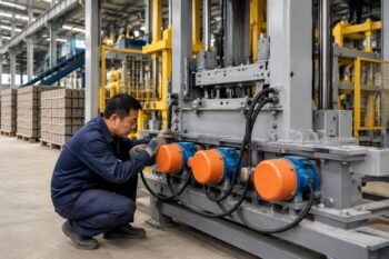 Operator inspecting vibration motors on a fully automatic block machine