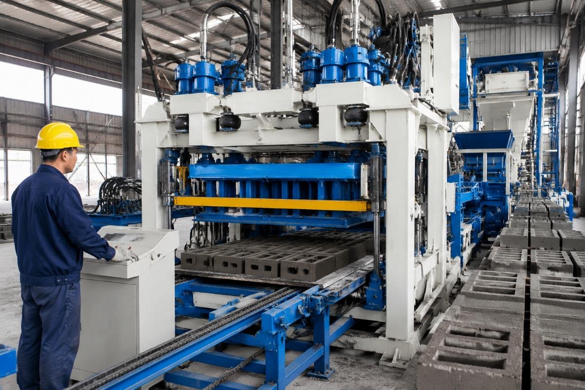 European-style automatic block making machine with four vibration motors and airbag system at a concrete block production facility