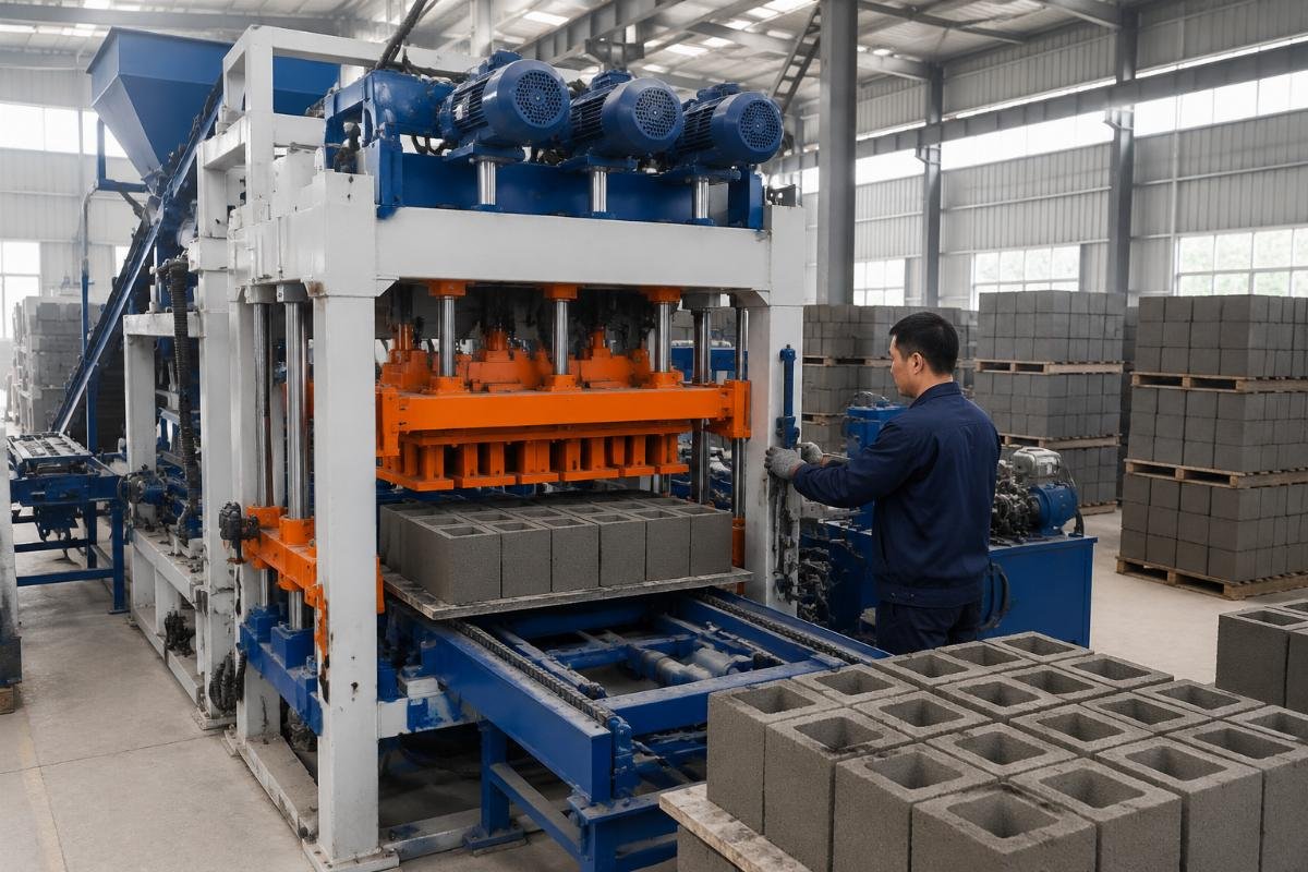 Four-motor vibration system on an automatic block making machine producing high-density concrete blocks