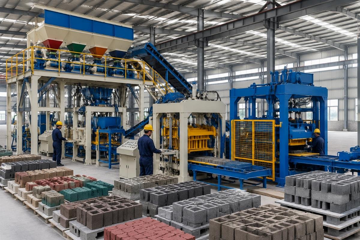 Multi-line block making factory with color feeder and paver molds