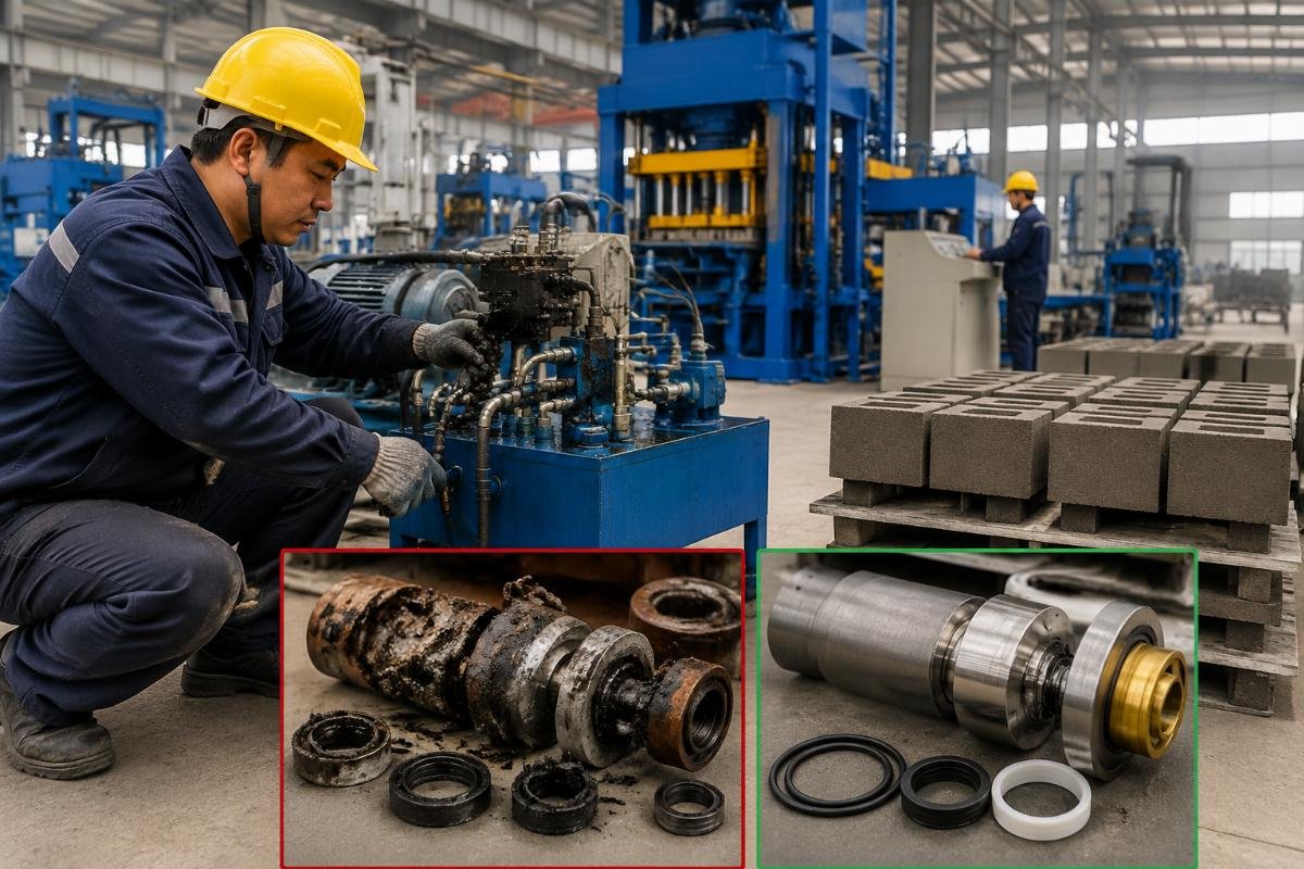 Hydraulic system components showing freeze damage on seals versus properly winterized system