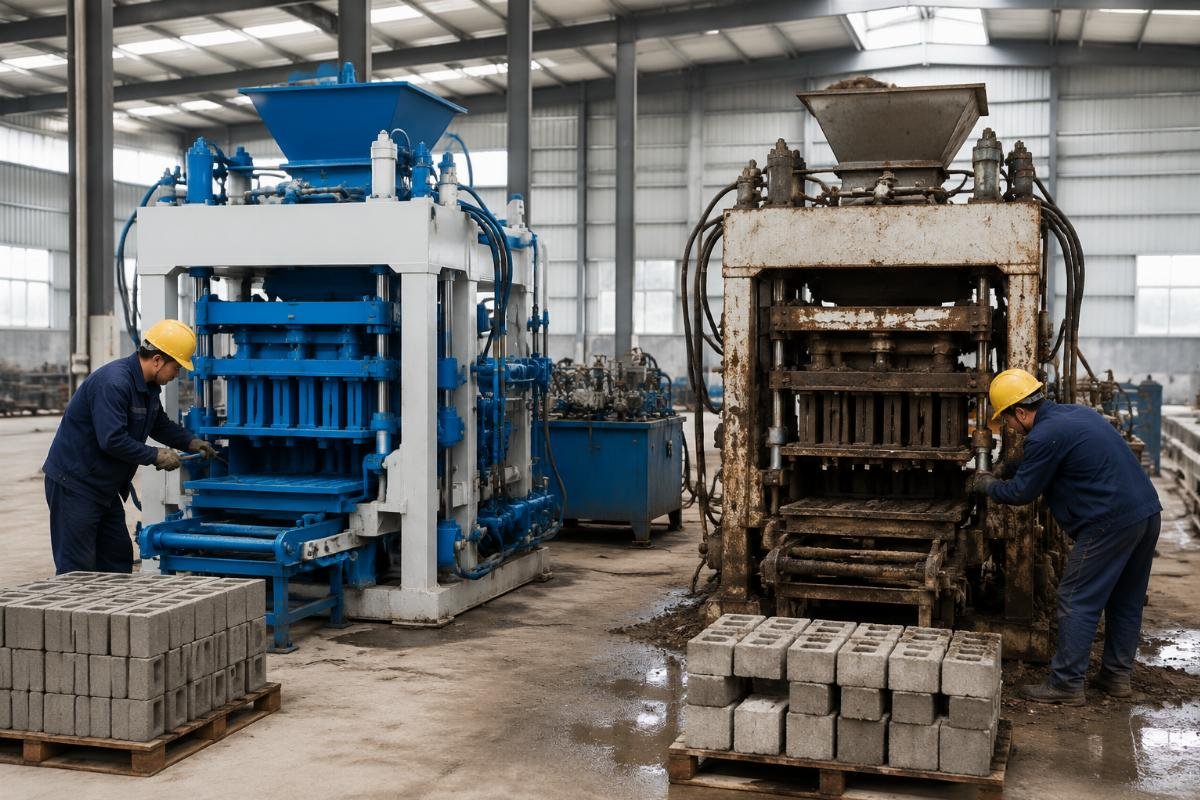 Comparison of properly winterized block machine versus neglected machine showing spring startup damage
