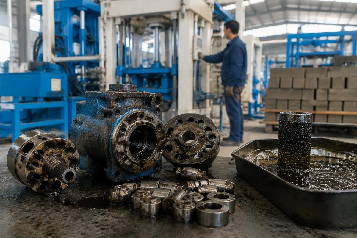 block making machine hydraulic troubleshooting Damaged hydraulic pump components showing wear from contaminated oil