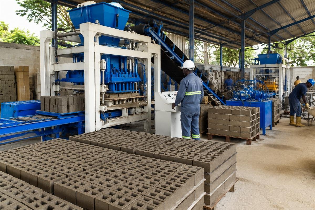Noise level comparison chart showing before-and-after dB readings at a Nigerian block factory