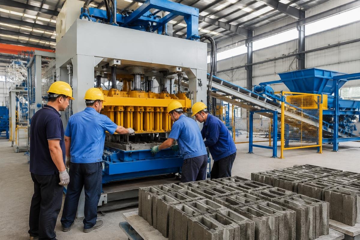 block making machine operator training during mold changeover on a fully automatic production line Operators practicing mold changeover procedures on a fully automatic QT10-15 concrete block making machine