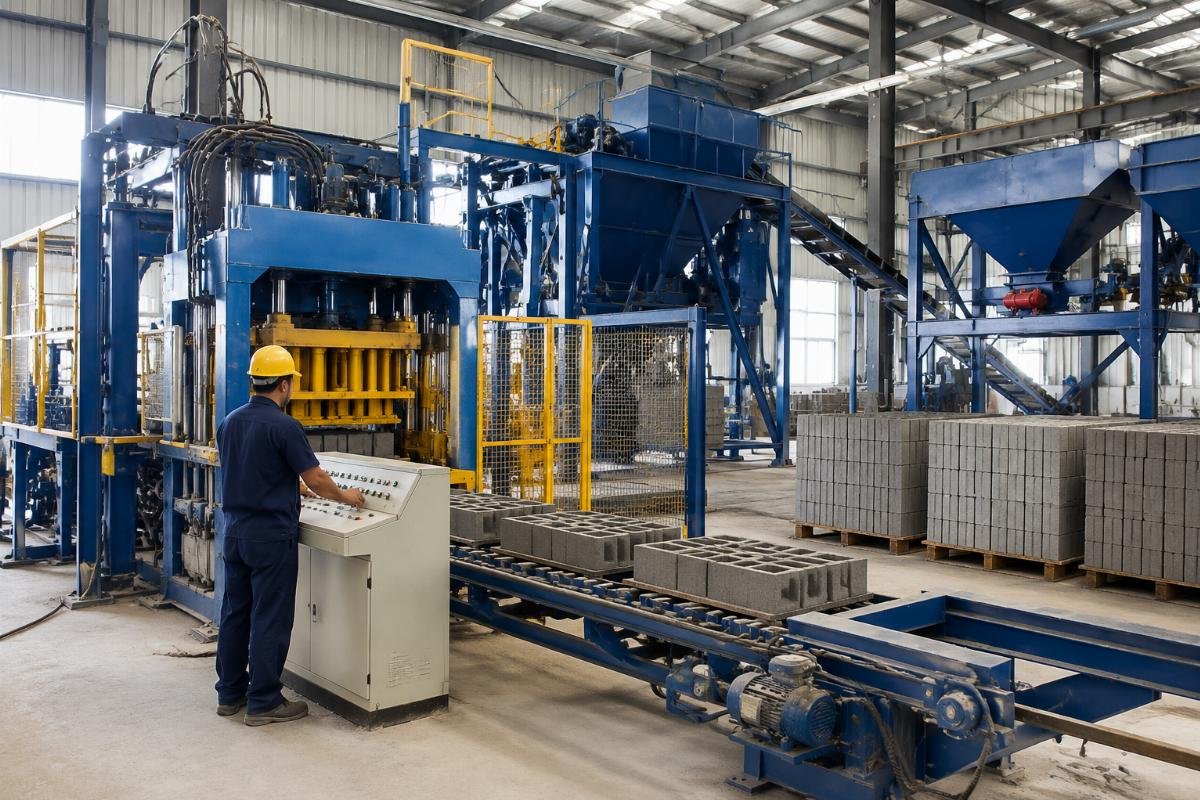 Automatic block production line with PLC control panel, batching system, and moisture sensor