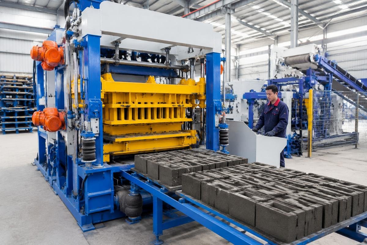 Shandong Shiyue factory floor showing European-style block making machines with four vibration motors and airbag systems