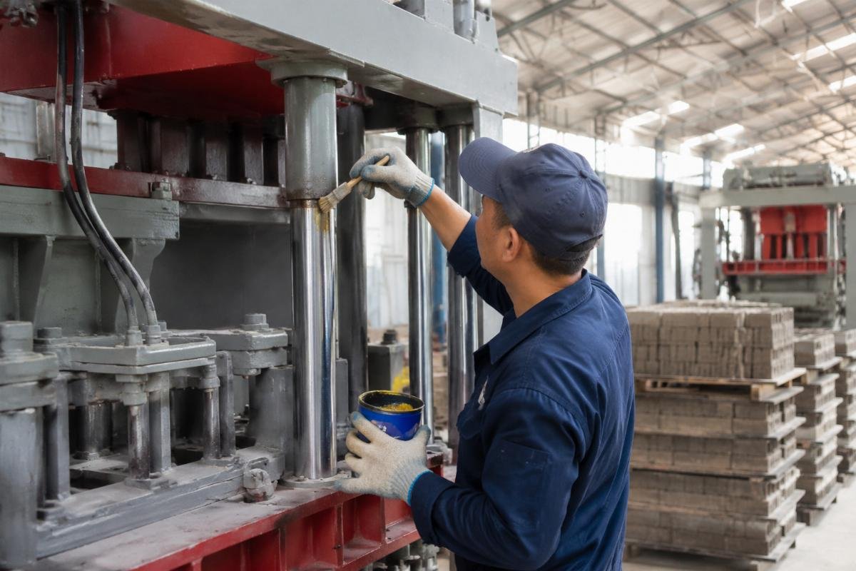 Operator applying precise amount of grease to guide columns of a block making machine