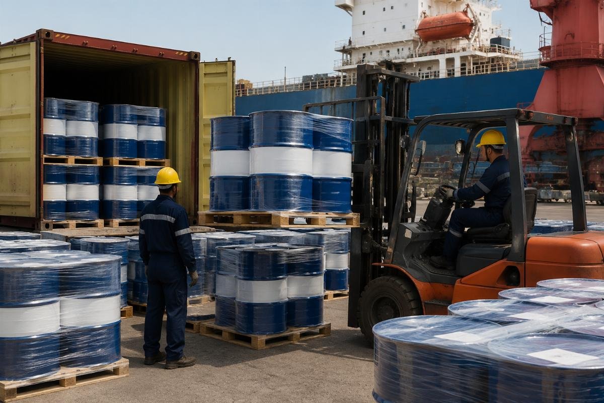 Pallets of 200L hydraulic oil drums loaded at Qingdao port for export to Central Asia