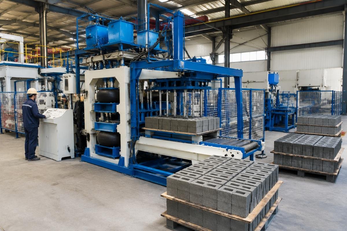 Shandong Shiyue Intelligent Machinery factory floor showing airbag-damped block machine assembly line