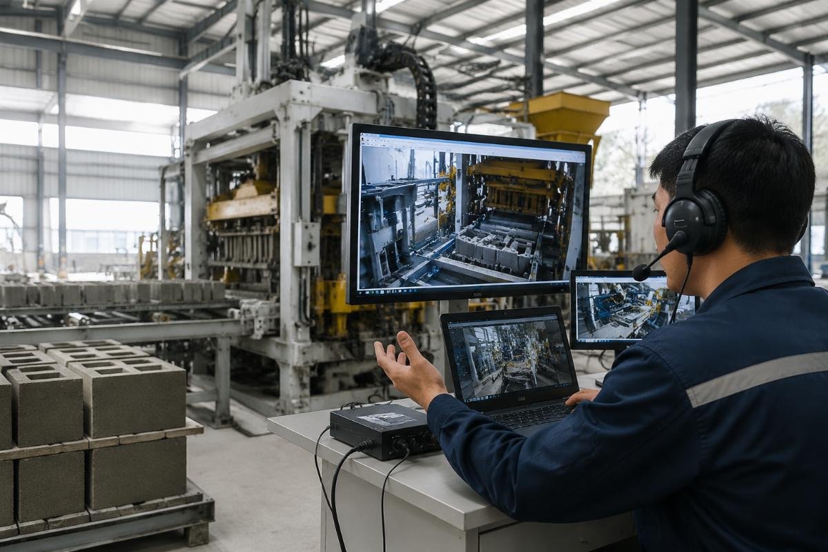 Engineer conducting remote video troubleshooting for a concrete block machine on a production line