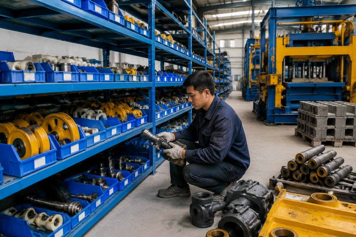 Spare parts warehouse organized with labeled bins for concrete block machine components