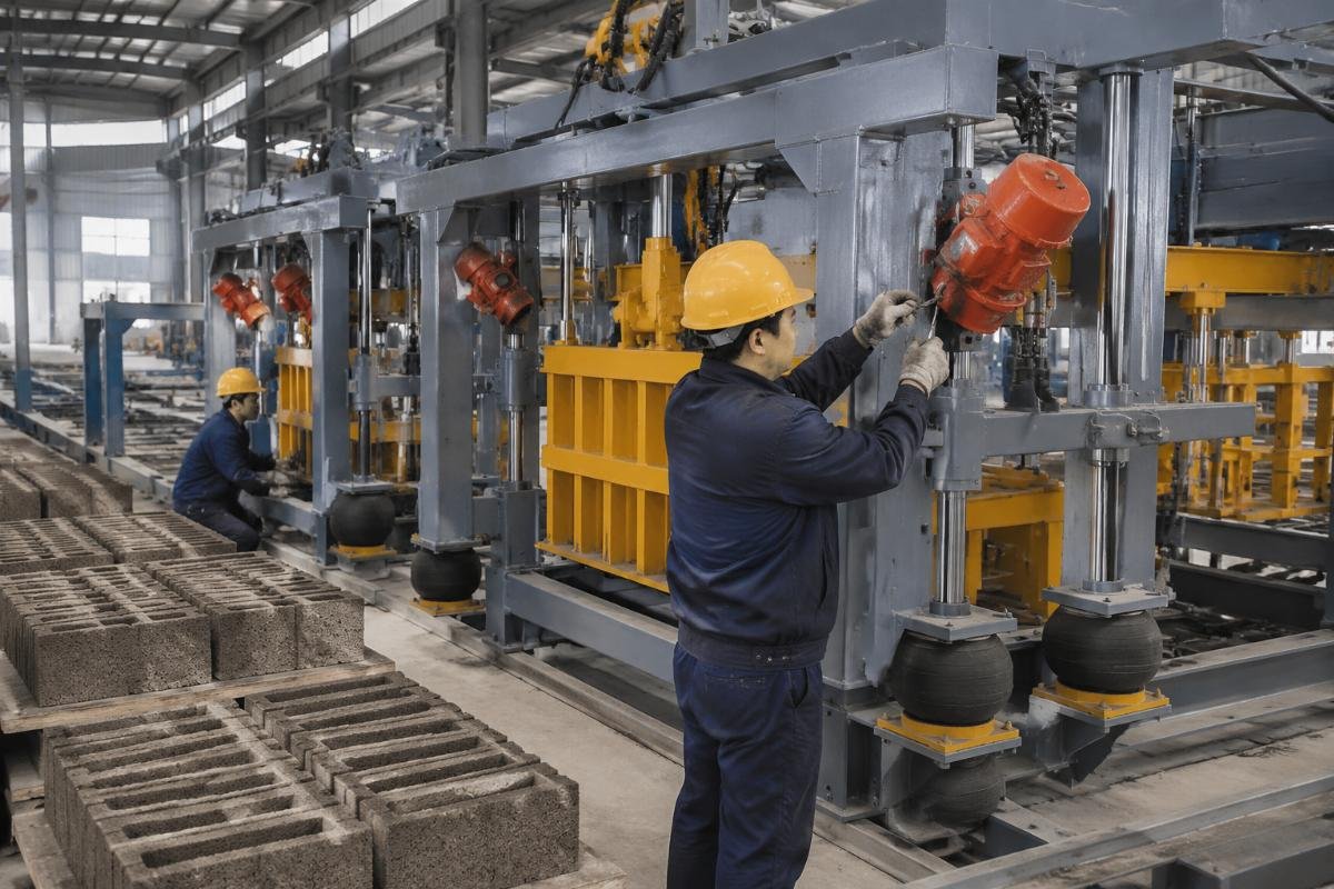 Factory floor showing block machine assembly line with vibration motors and airbag systems being installed