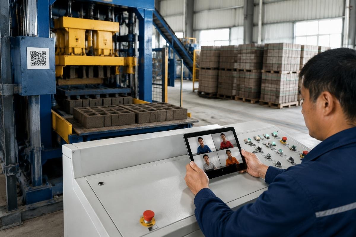 China block machine supplier safety guide through multilingual remote training support Multilingual video tutorial displayed on a tablet next to a block machine control panel with QR code visible