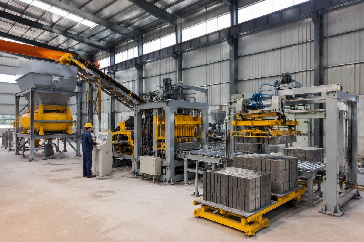 complete automatic block production line layout Automatic block production line with batcher, mixer, conveyor, and stacker