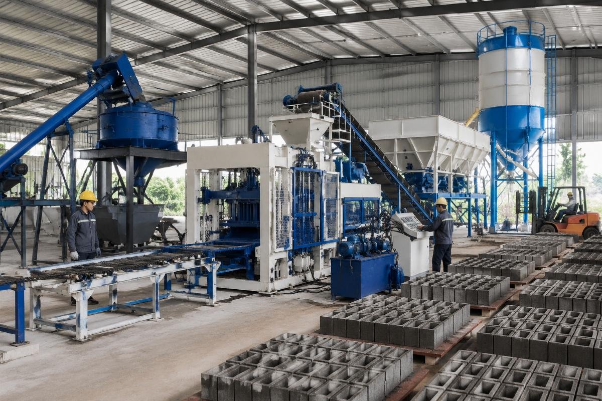 complete block production line equipment package Complete block production line with mixer, batcher, conveyor, pallet loader, and cement silo