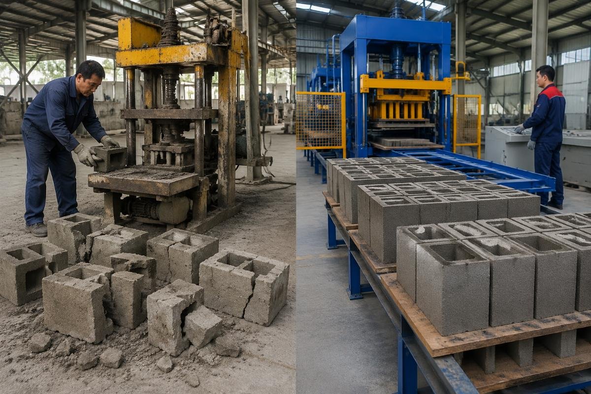 Comparison of cracked blocks from manual machine versus uniform blocks from automatic machine