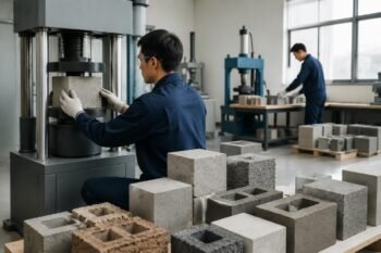 Concrete blocks of varying densities being tested for compressive strength in a quality control laboratory
