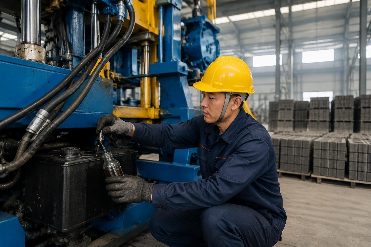 Hydraulic oil sample being collected from a concrete block machine for laboratory analysis