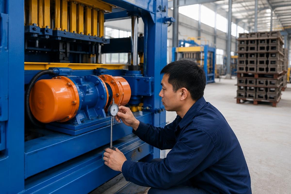 Vibration motor amplitude measurement using a dial indicator on a concrete block machine