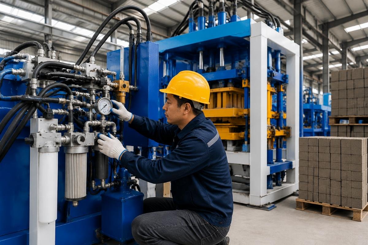 concrete block machine preventive maintenance checklist Maintenance technician inspecting hydraulic system gauges and filters on a block making machine