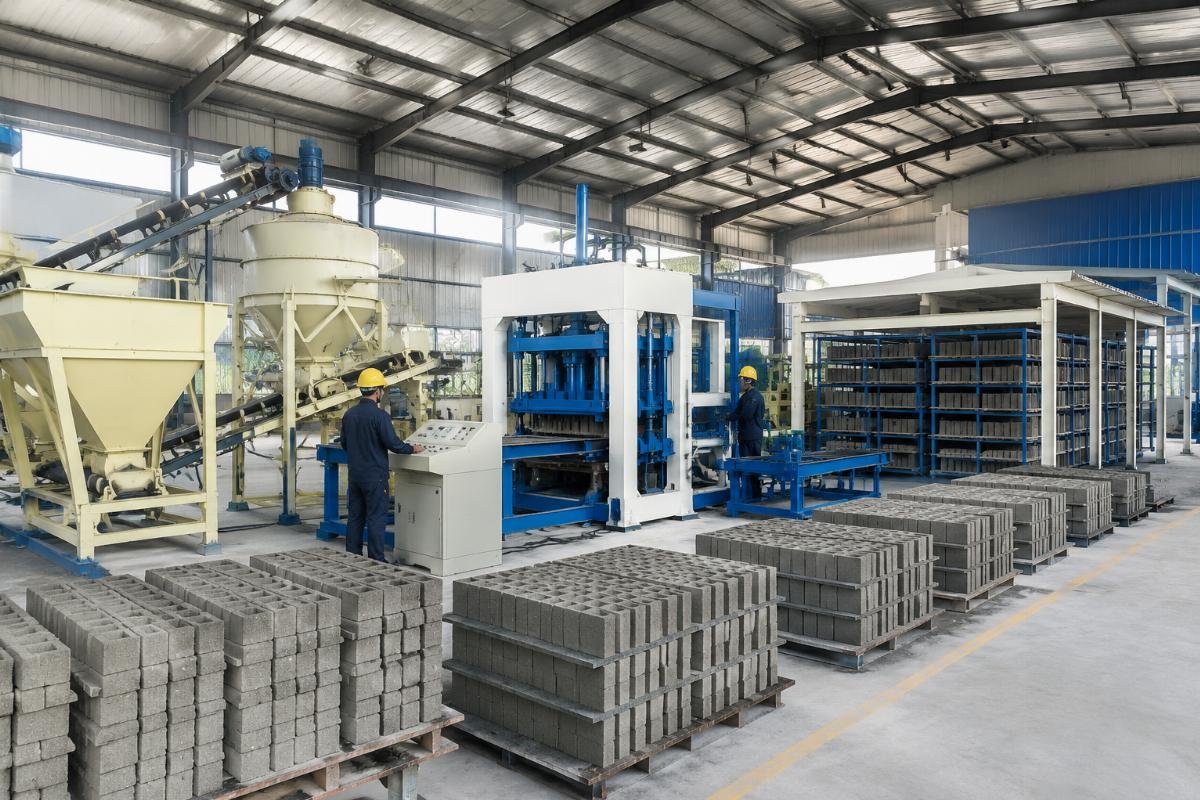 Turnkey block production line with batching plant, mixer, block machine, and curing system