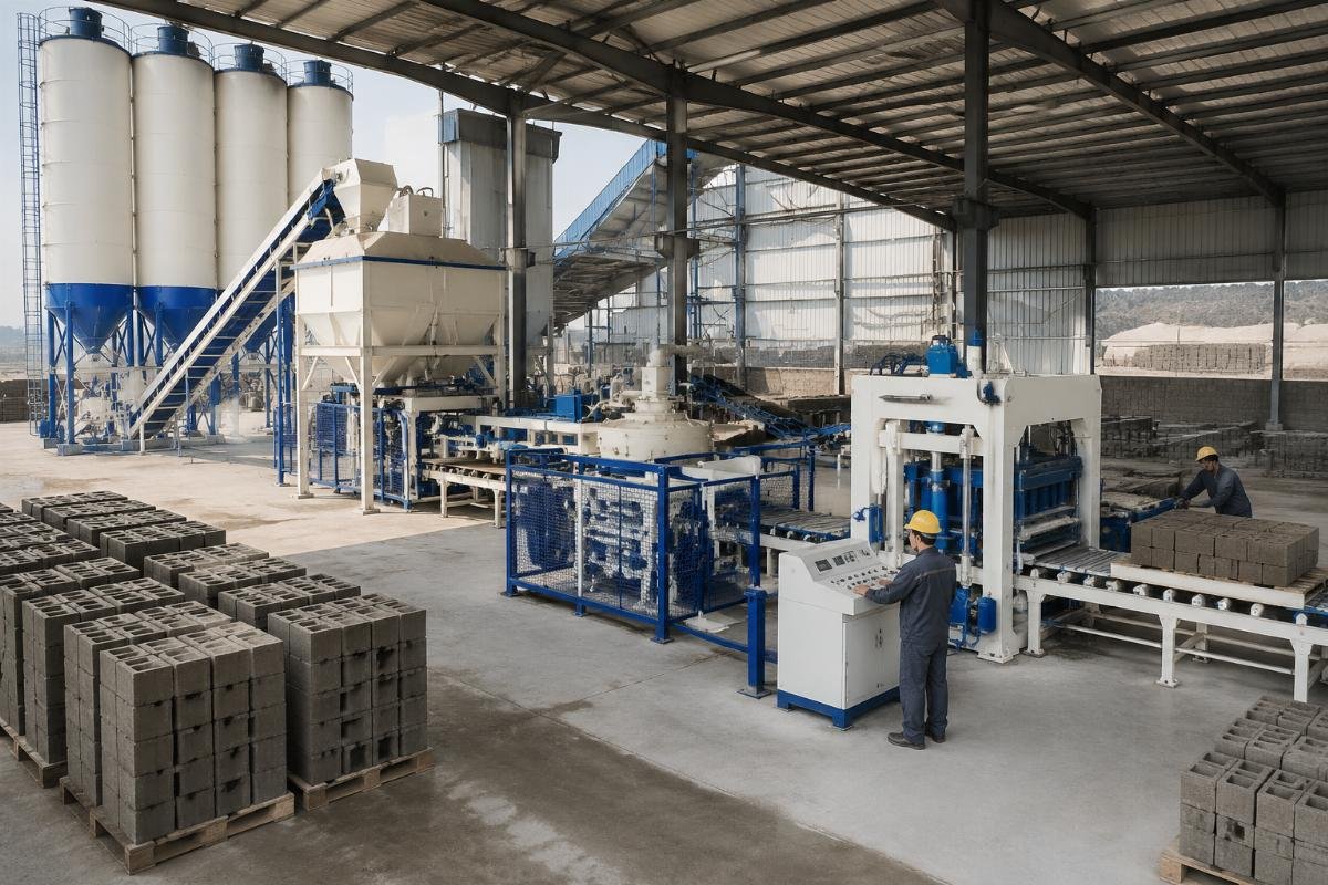 Automatic block production line with cement silo, mixer, batcher, and stacking system