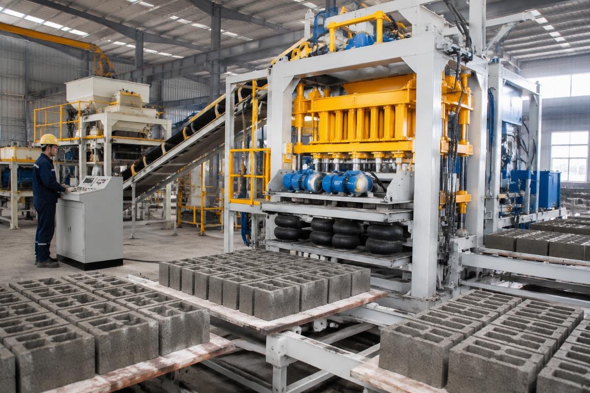 Fully automatic concrete block production line with four vibration motors and airbag system