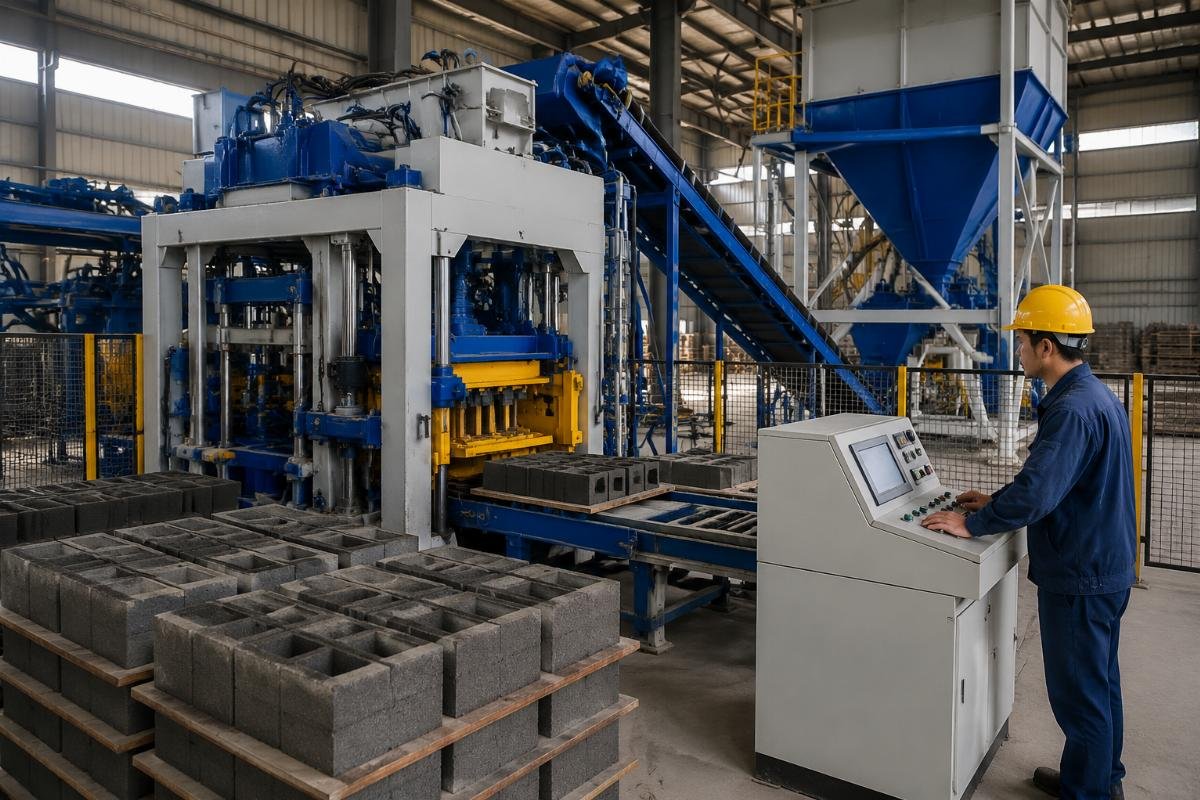 Automated block production line with PLC control panel and batching system