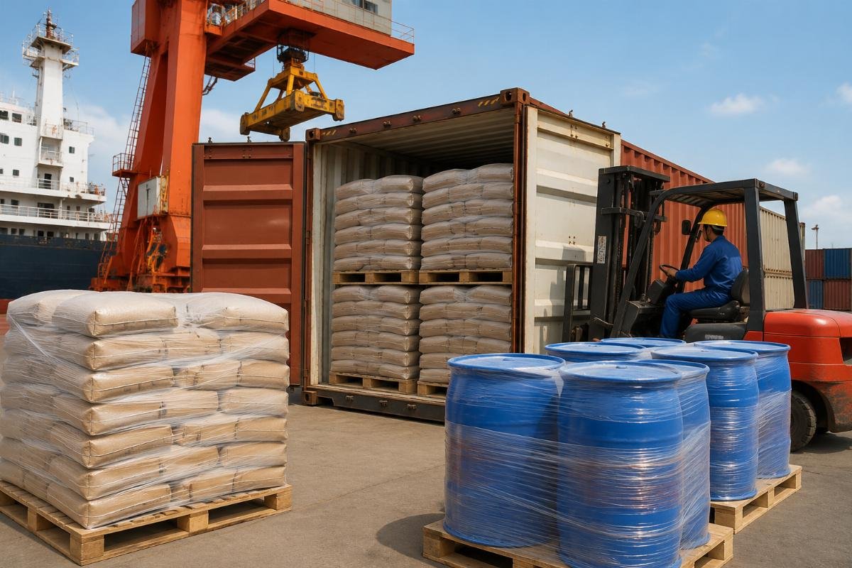 Shipping containers loaded with cement bags and admixture drums at a Chinese port for export