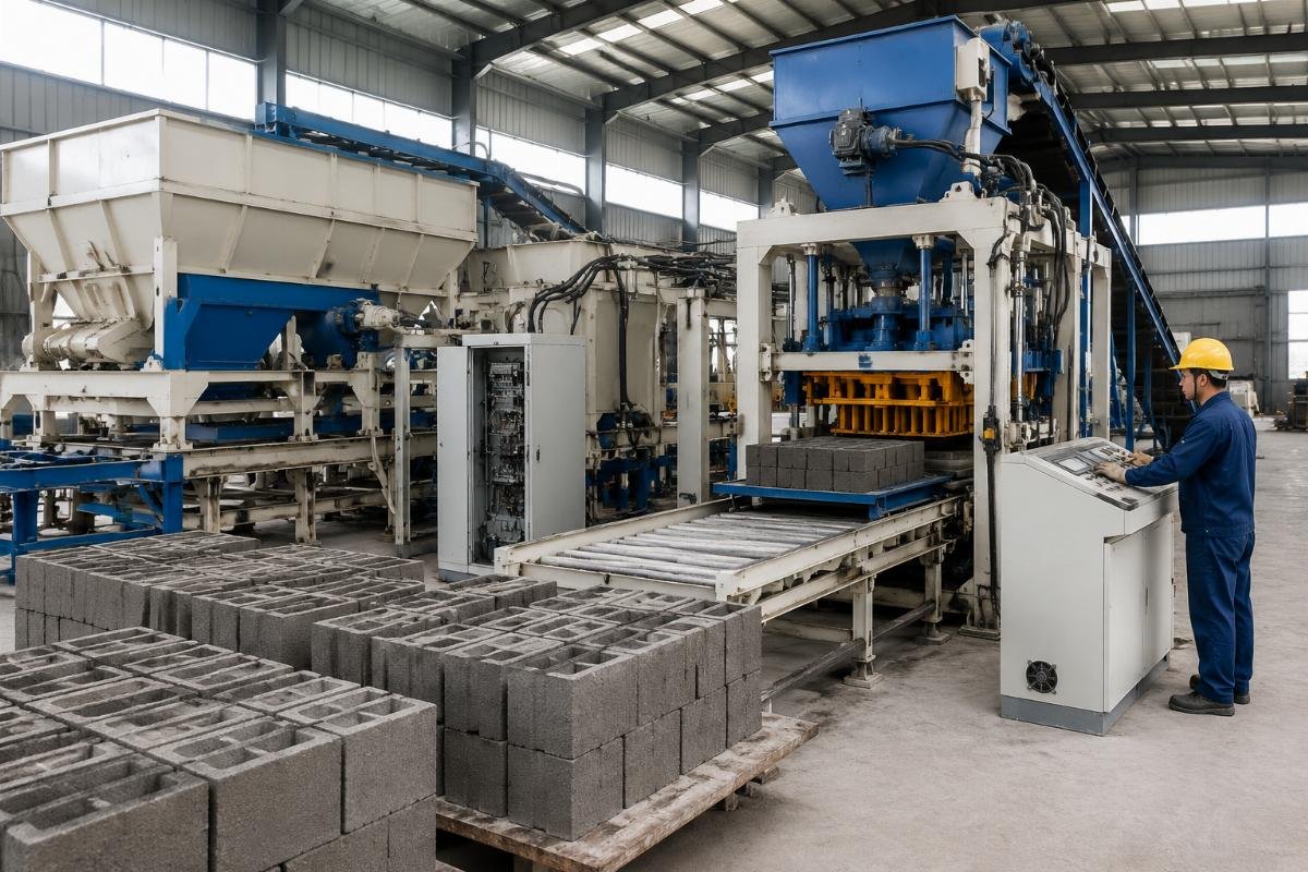Automatic batching system with inline moisture sensor connected to block machine PLC