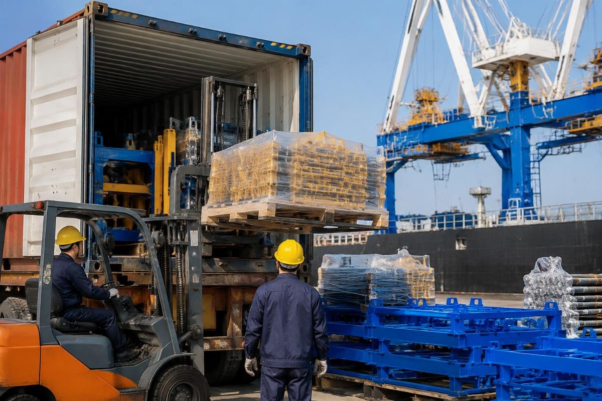Container loading spare parts pallets alongside block machine components at Qingdao Port