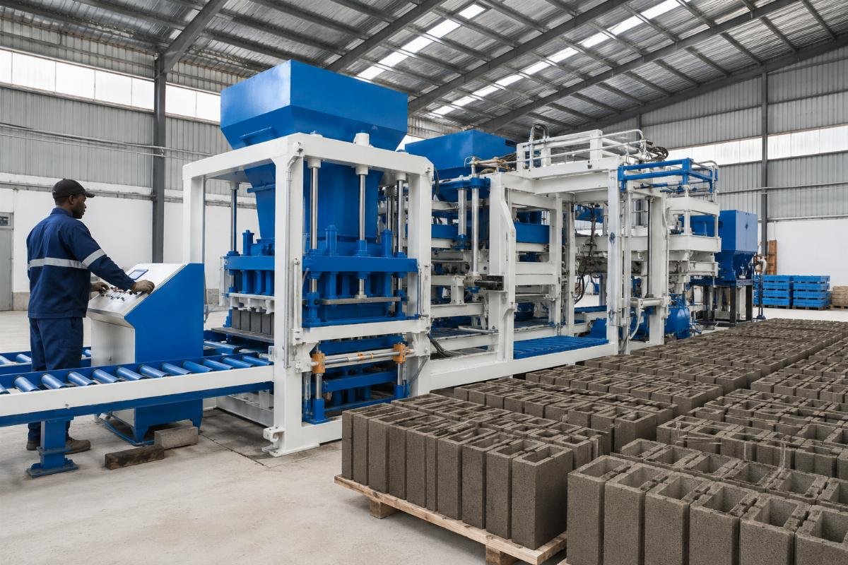 European-style automatic block machine with airbag system producing high-density blocks